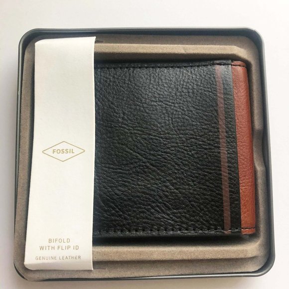 Men brown and black fossil bifold flip id wallet - Picture 1 of 4